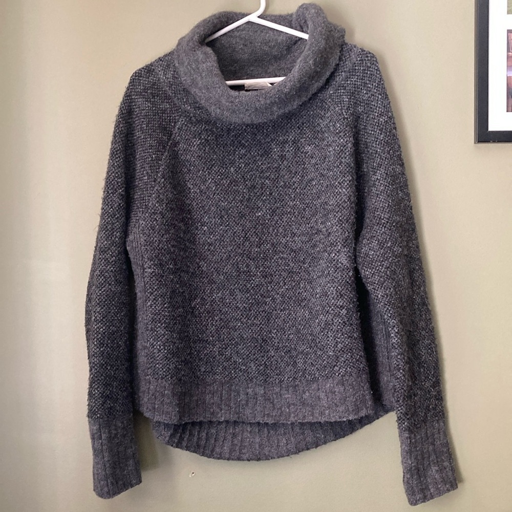 RD style conscious grey knit cowl neck sweater.